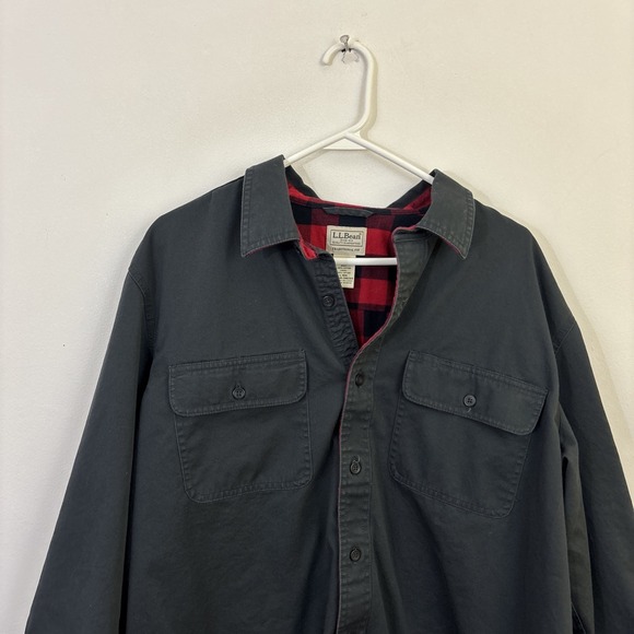 LL Bean Mens L Canvas Shacket Shirt Red Plaid Interior Button Down Chore Utility - Picture 3 of 8